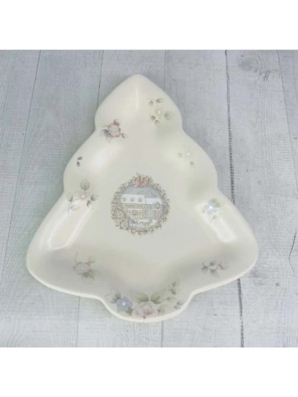 1980's Pfaltzgraff TEA ROSE Pink Roses Blue Flowers Stoneware Tree Shape Dish